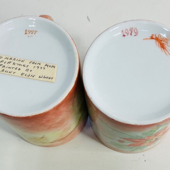 Set Of 2 Handpainted Watercolor Autumn Leaf & Poinsettia Coffee Mugs. Signed - Picture 3 of 7